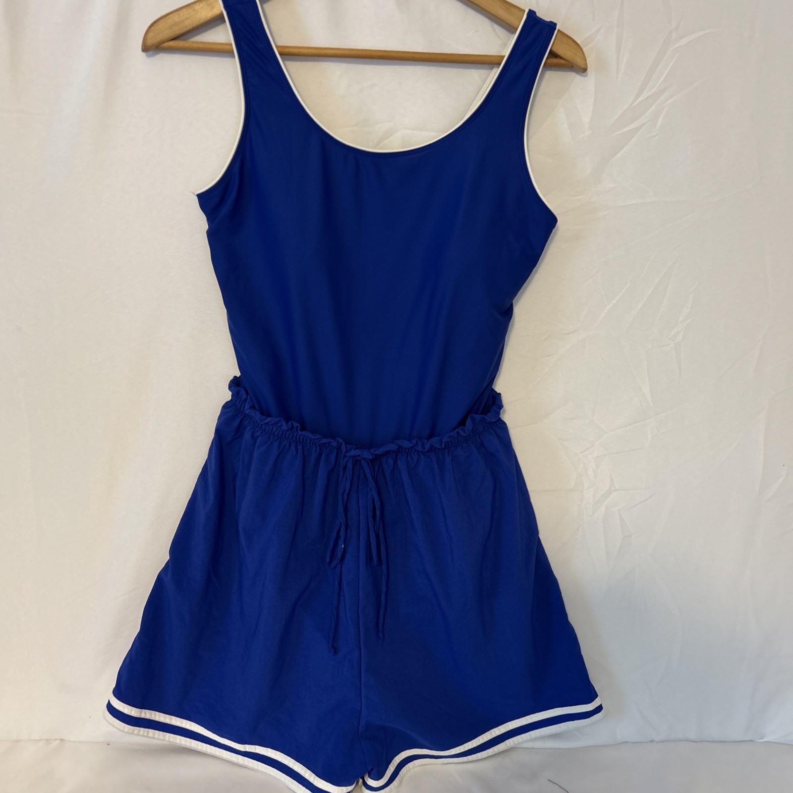 VTG Swim 365 Blue/ White Stripped Hem Spandex One Piece Swim Romper/ Size-14W