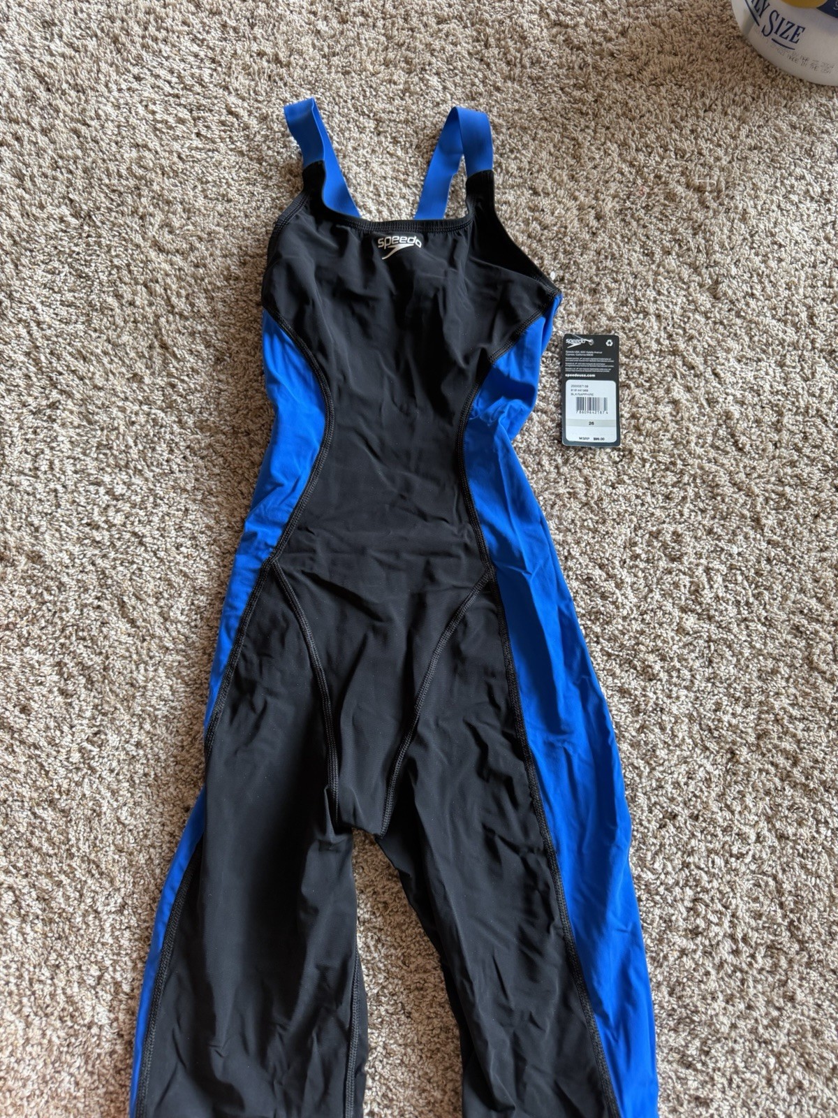 Speedo Tech Suit Sz 26 Power Plus Kneeskin Black/Sapphire Racing Swim Suit