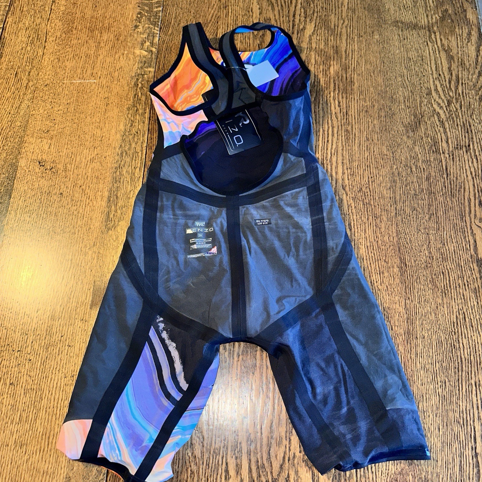 TYR Women’s Venzo Volconyx Open Back Tech Suit Size 28 NWT Orange Blue Black