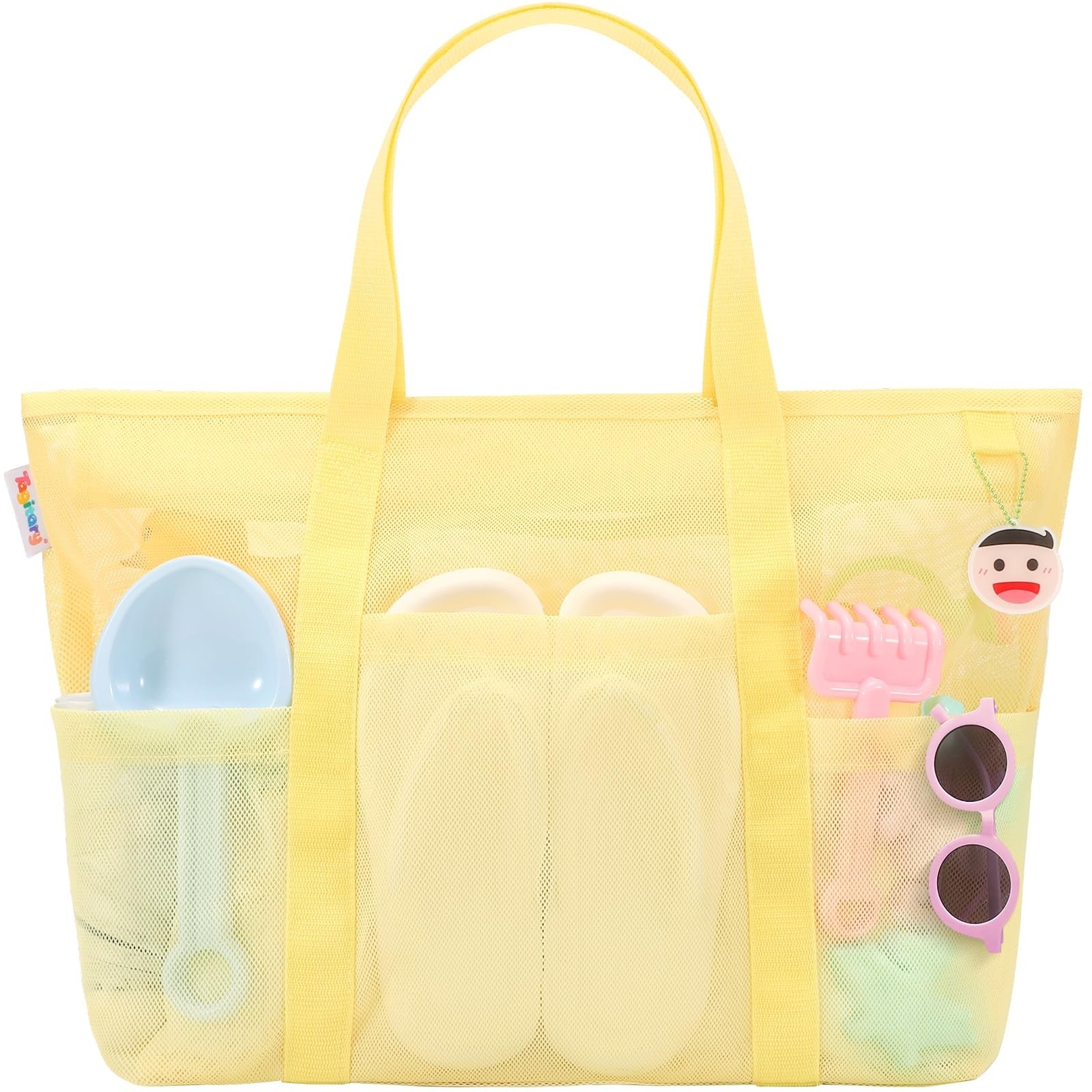 Tagitary Mesh Beach Bag with Zipper and 8 Pockets Yellow & Pink, Large Beach …