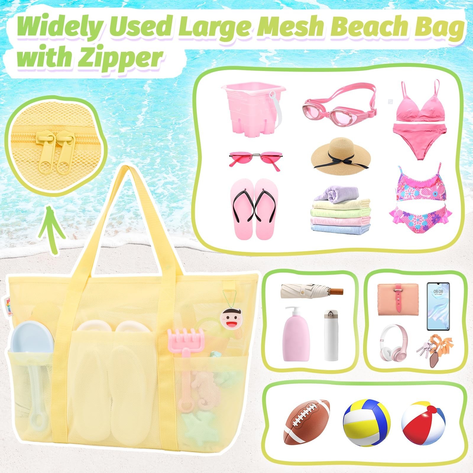 Tagitary Mesh Beach Bag with Zipper and 8 Pockets Yellow & Pink, Large Beach …