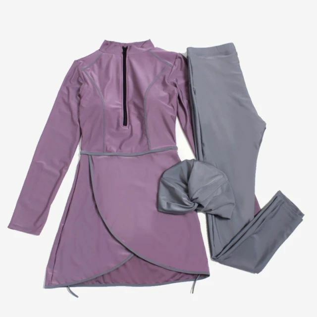Female Modest Swimsuit Full Coverage Purple and Gray