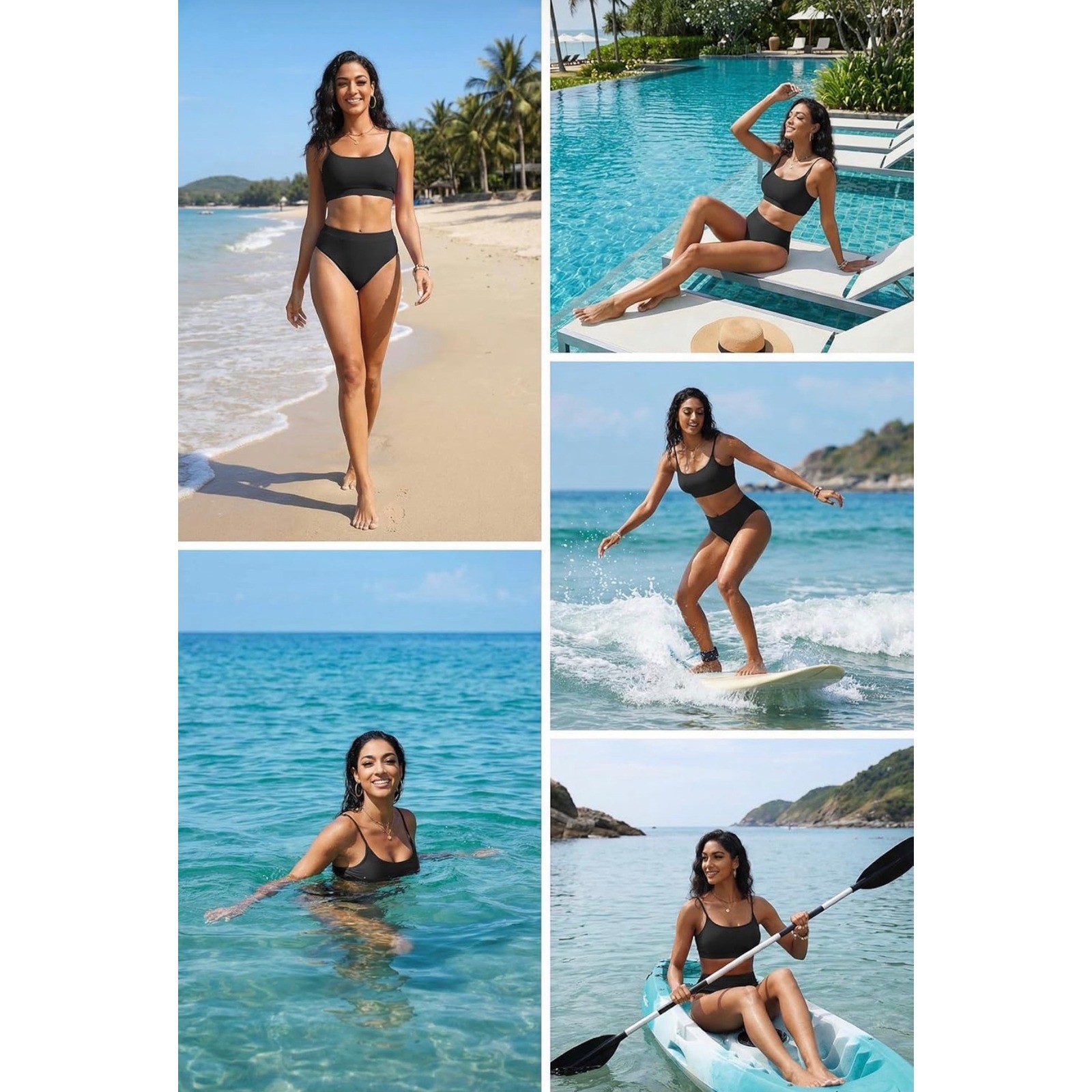 High Waisted Bikini Athletic Swimsuit Sporty High Cut Bathing Suit Scoop Neck S
