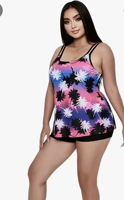 2pc Tankini Women’s 2X Plus Size Palm Trees Pink Blue Purple Bathing Suit