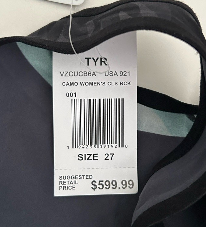 TYR Venzo Women’s Knee Skin Size 27 Black Camo Open Back Swimsuit Swimming NEW