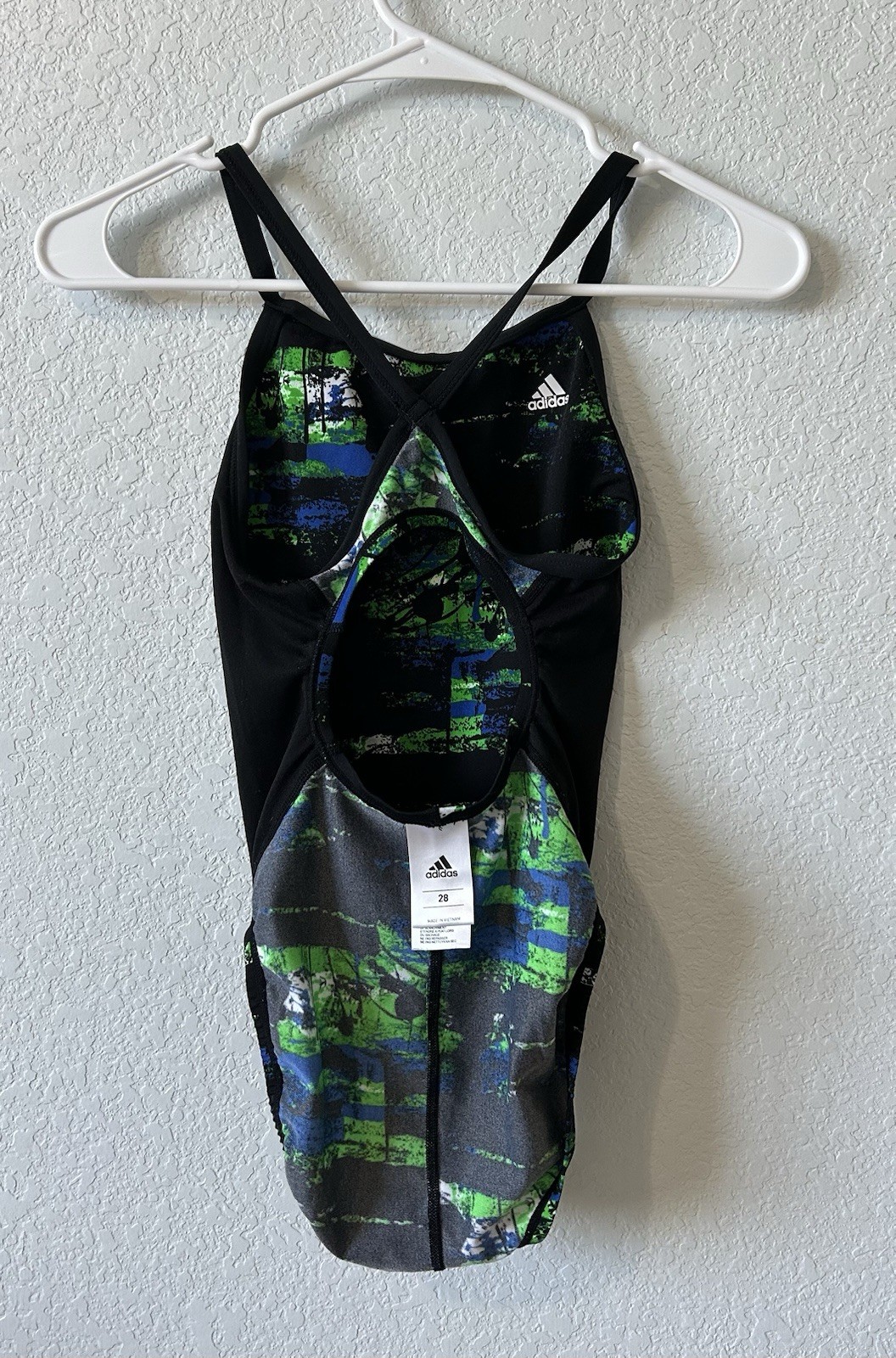 Adidas One Piece Swimsuit Size 28 NWOT Black Green Blue Print Crossback Training