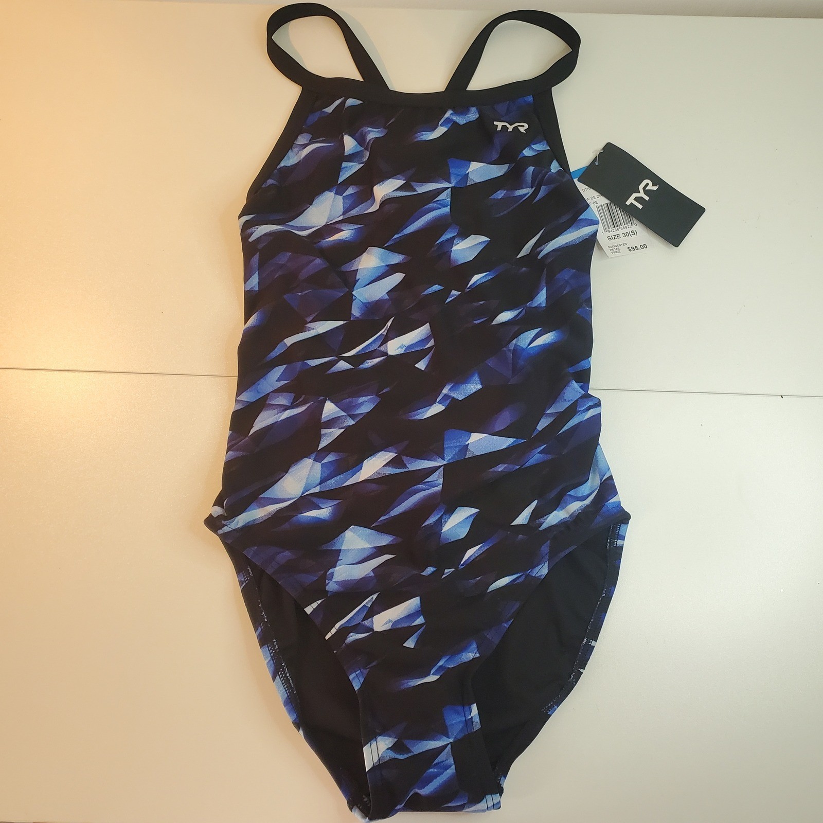 TYR Durafast Elite Diamondfit One Piece Swimsuit Blue Black Geometric Size 30 S