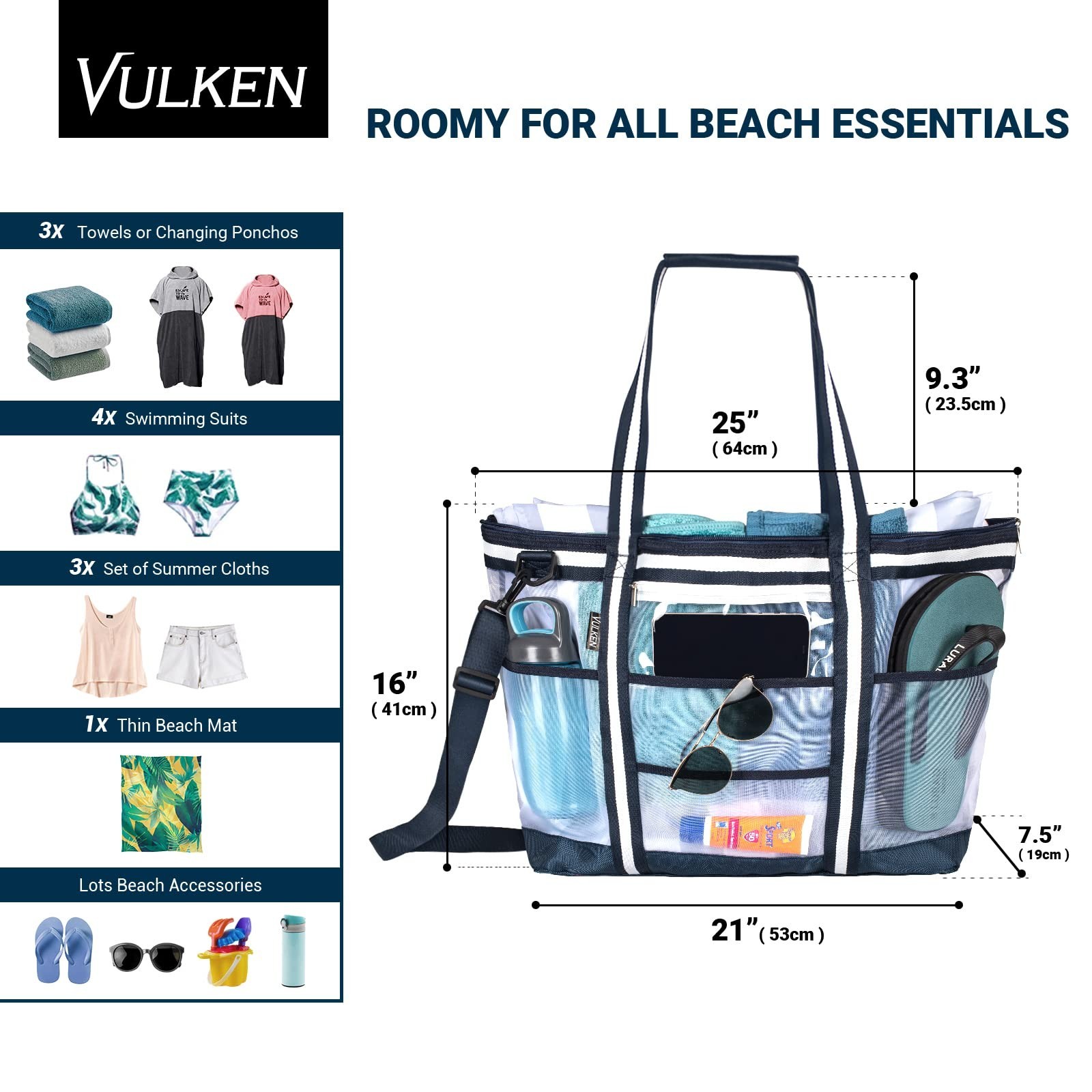 Vulken 42L Extra Large Mesh Beach Bag. 9 Pockets Top Zip Tote Bag Shoulder Bag