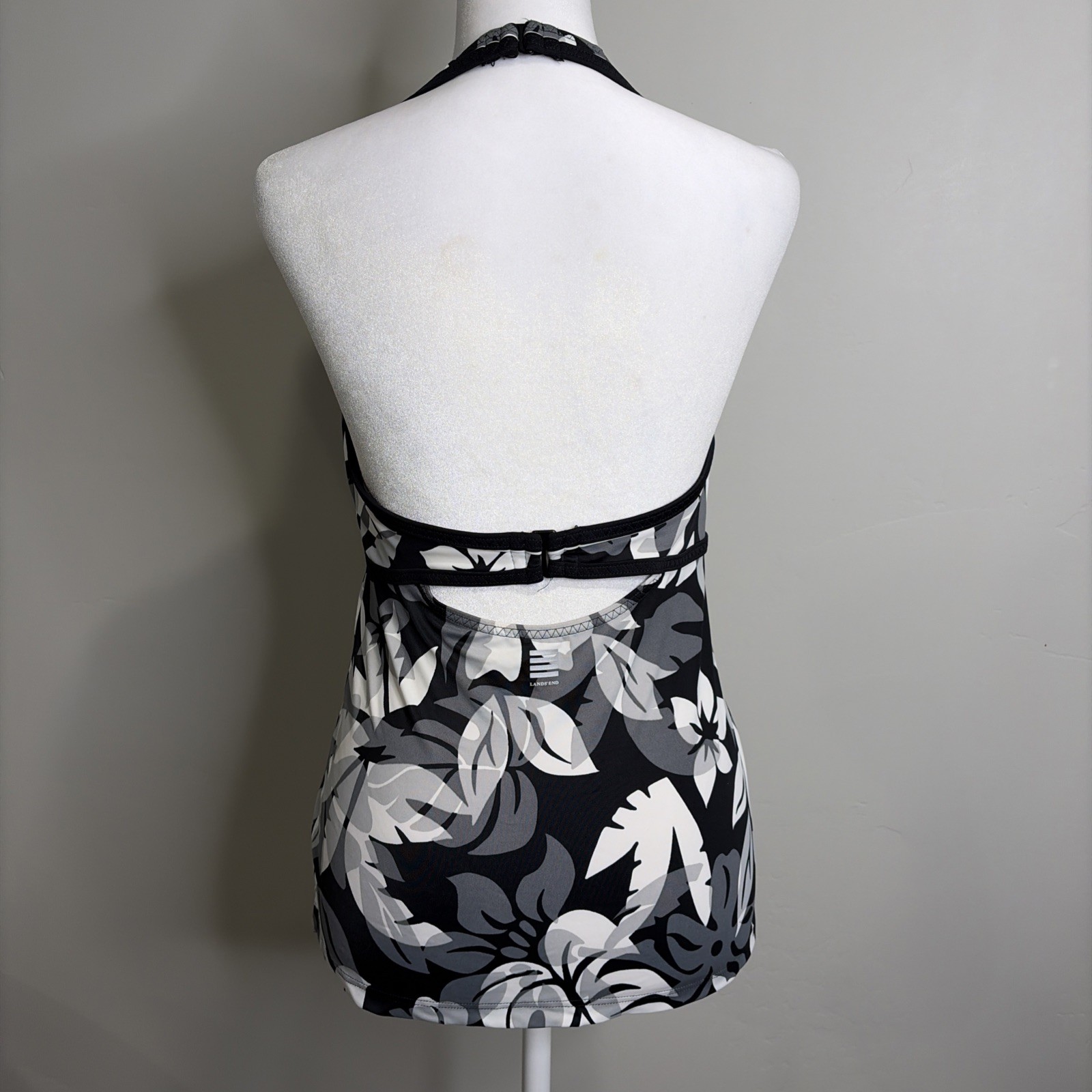 Lands’ End Tankini Top Sz 8 Women’s Black & White Floral Halter Beach Summer