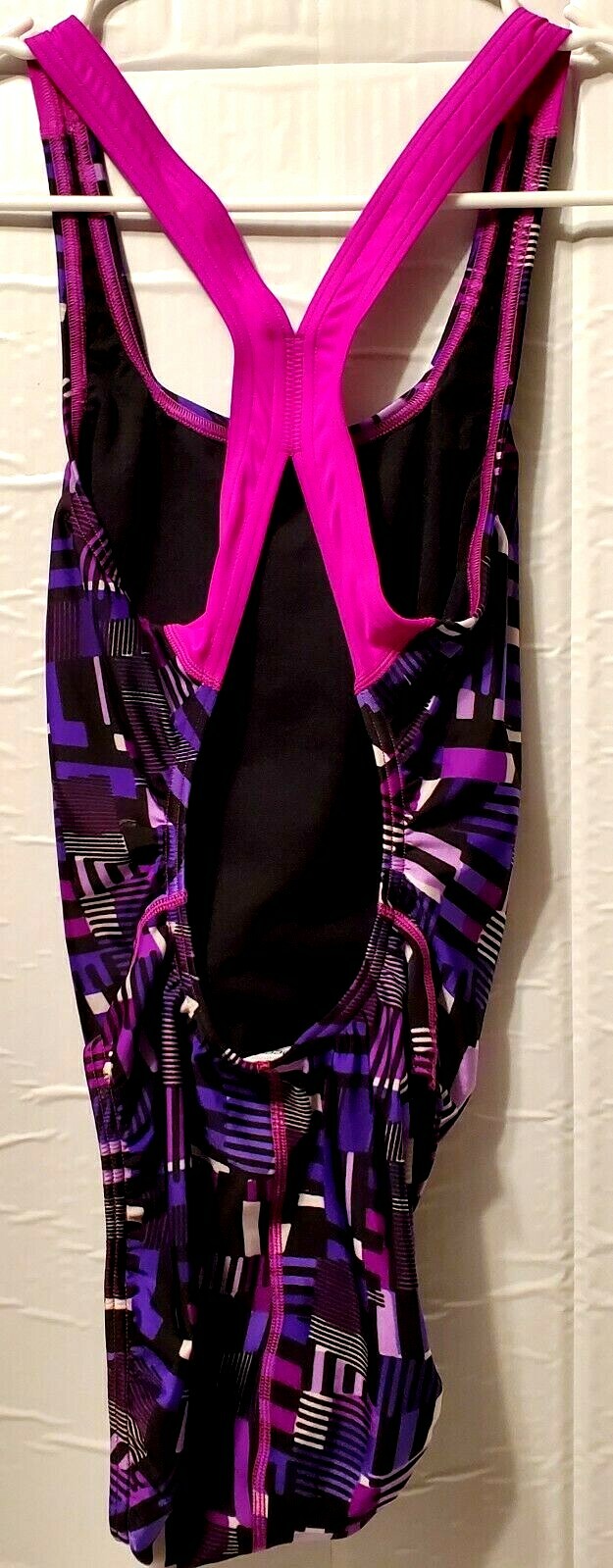 Speedo Pro Women One Piece Swimsuit Stripe Open Back Purple Pink Swim Geometric