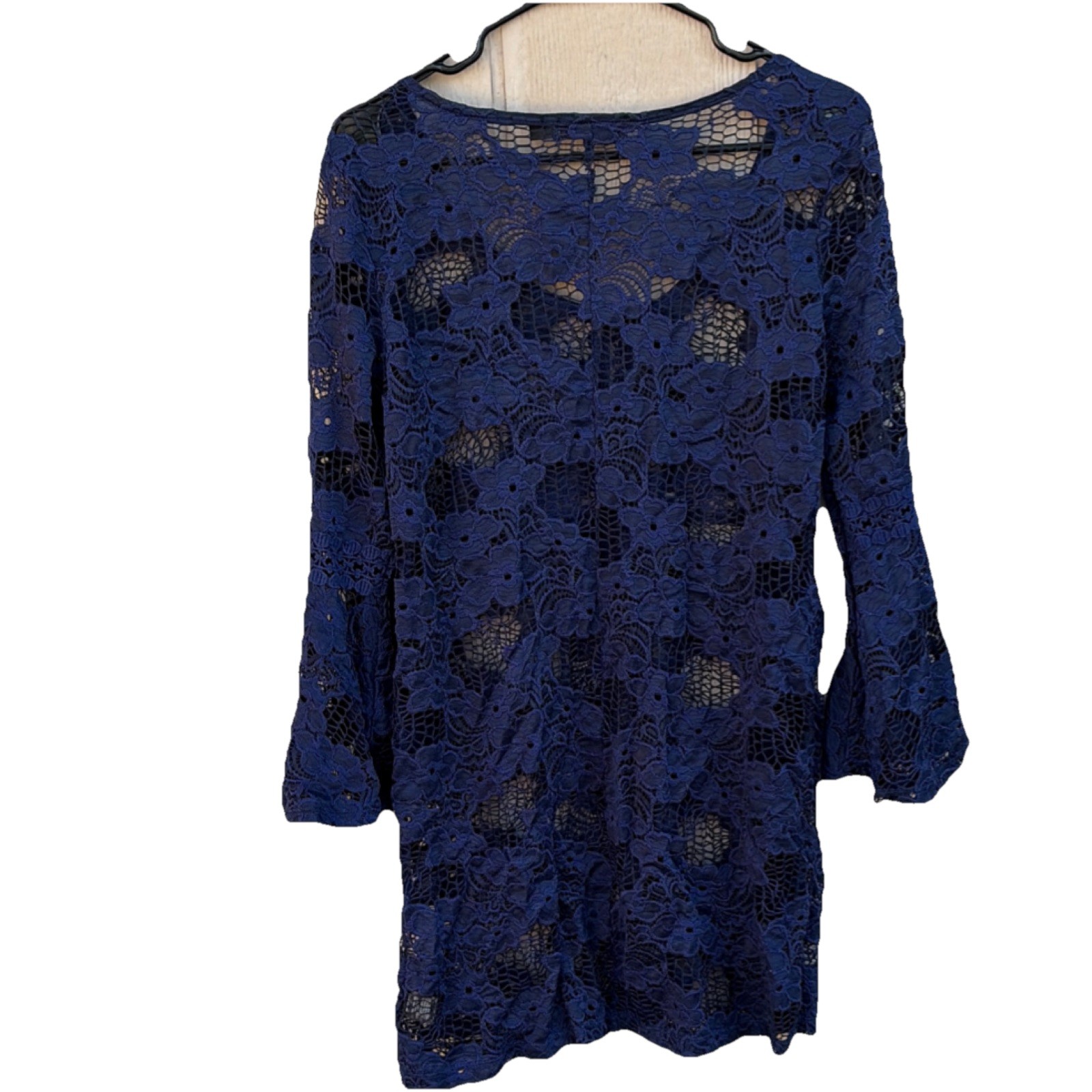 Crystal Doll Blue Floral Lace V-Neck 3/4 Bell Sleeve swimwear cover sz L