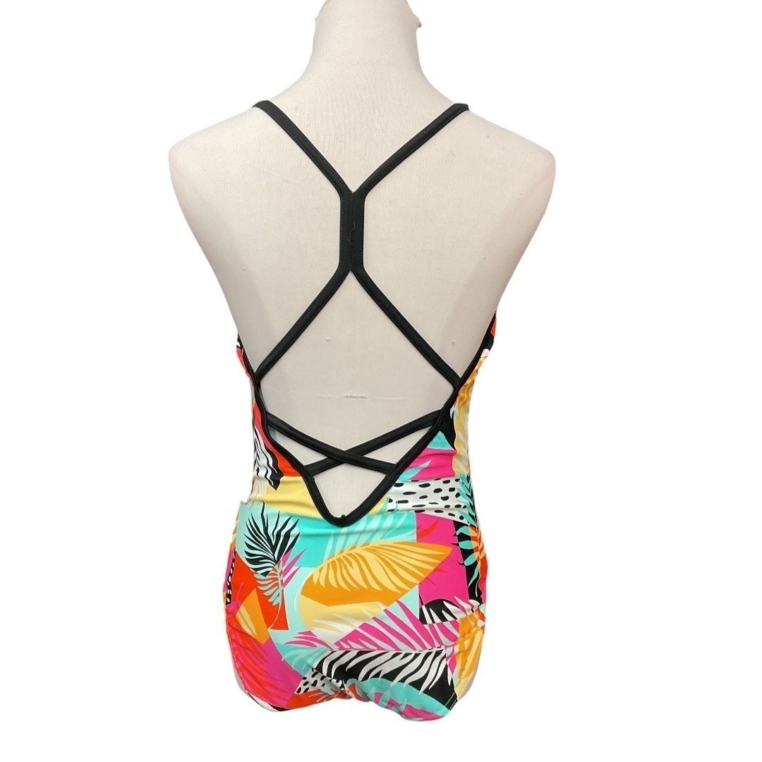 ZX Sport Colorful Tropical Printed Crisscross V Neck One-Piece Swimsuit XL NWT