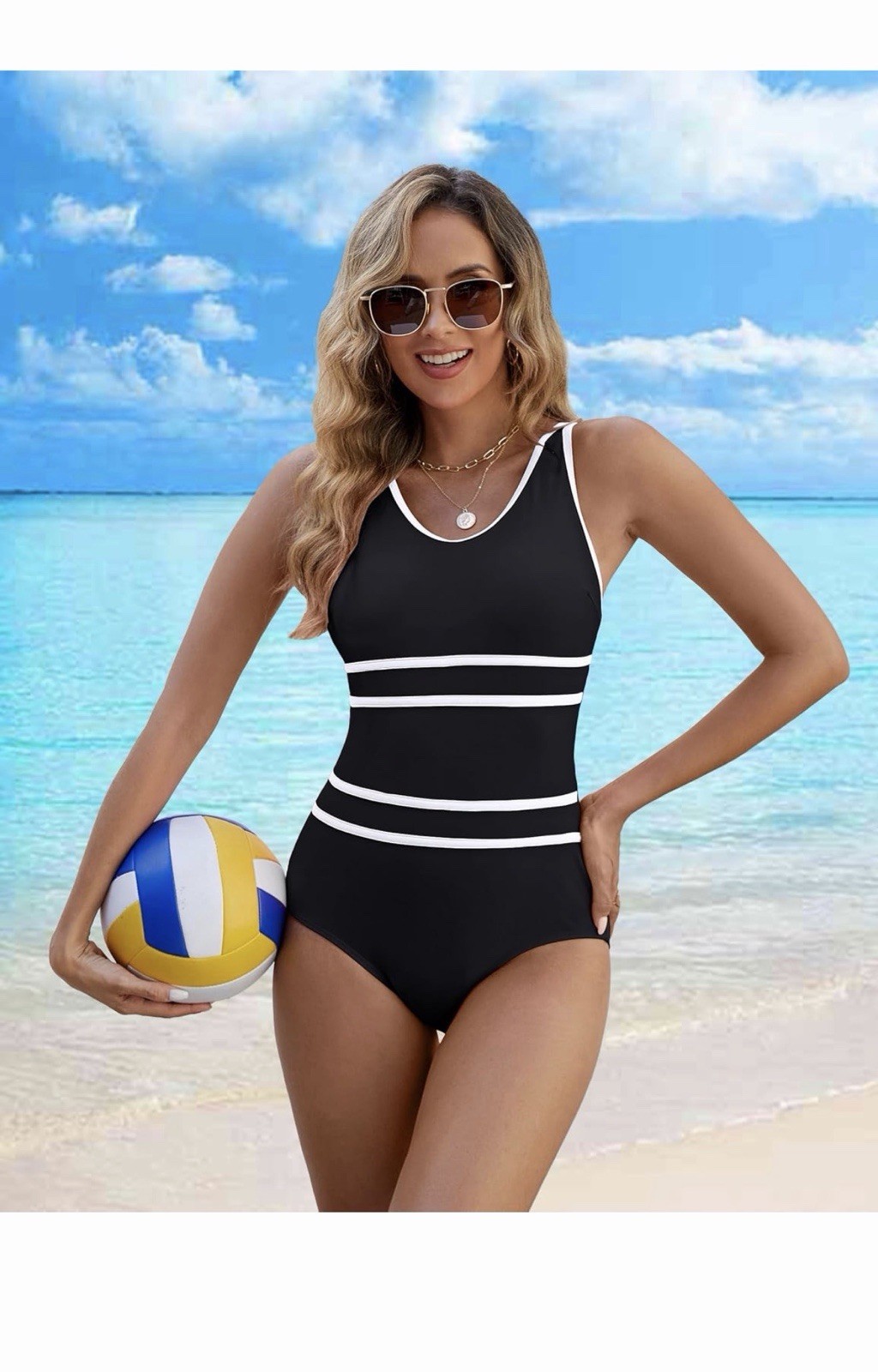 Edelqual One Piece Swimsuit Blue Aqua Trim Tummy Control XL Adjustable Blk White