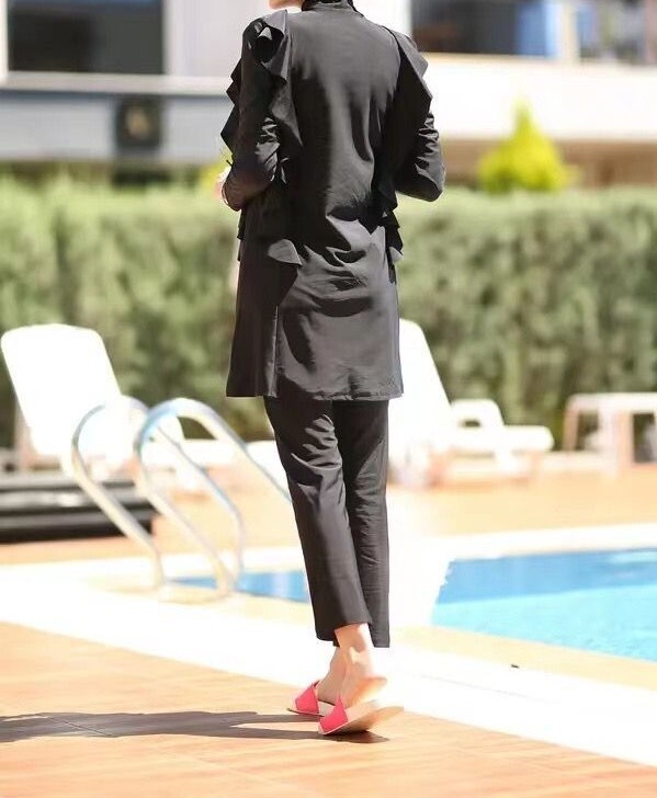 Women Full Coverage Ruffled Swimwear Pants Hat 3-Piece Muslim Swimsuit S-3XL