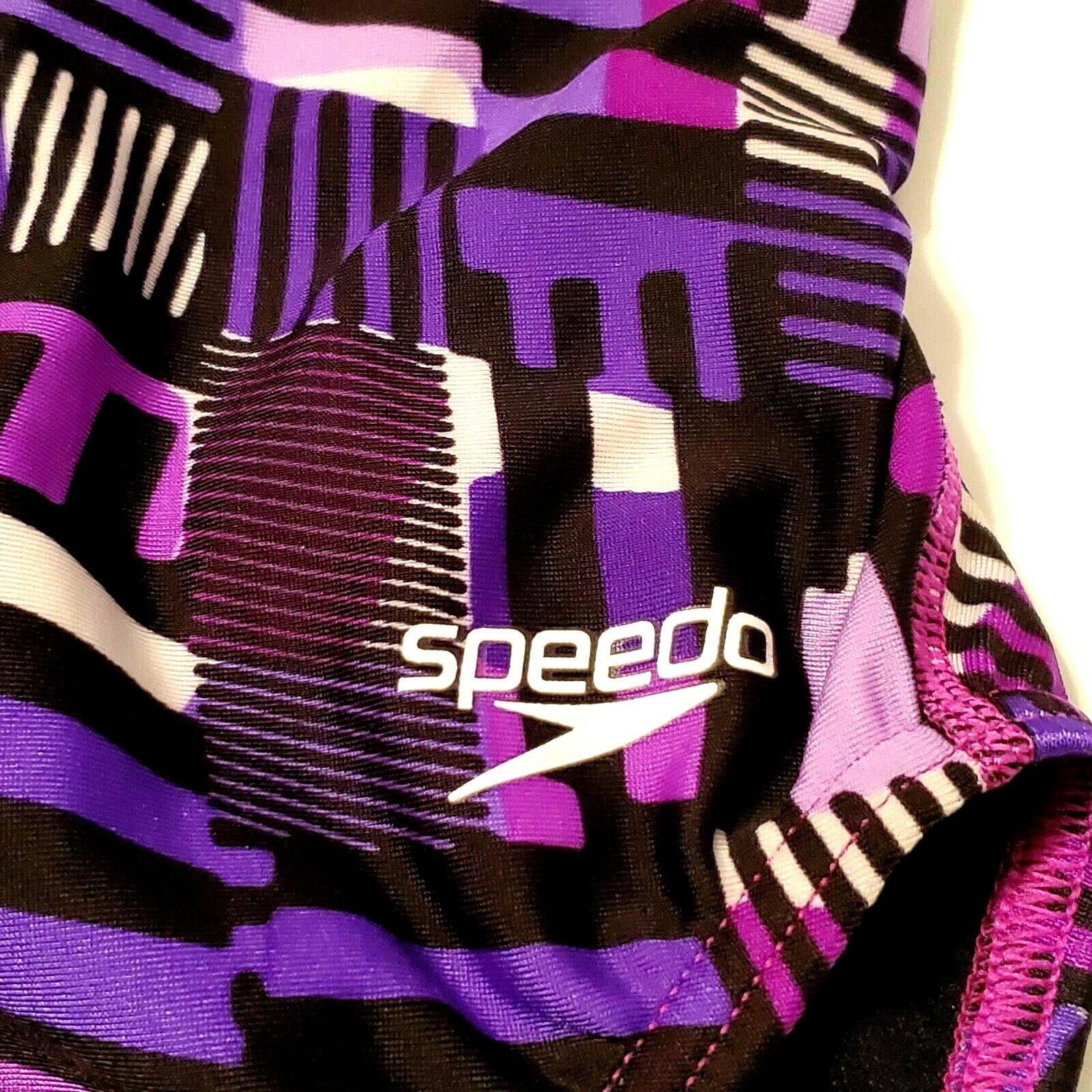 Speedo Pro Women One Piece Swimsuit Stripe Open Back Purple Pink Swim Geometric