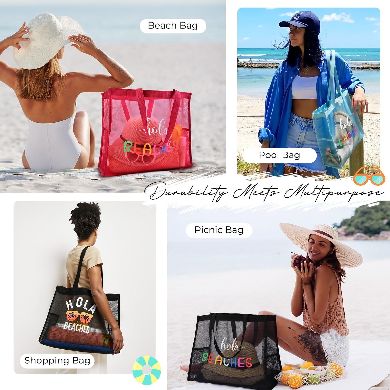 30L Large Beach Bag with Pouch Foldable Sandproof Lightweight Mesh Tote Bag w…