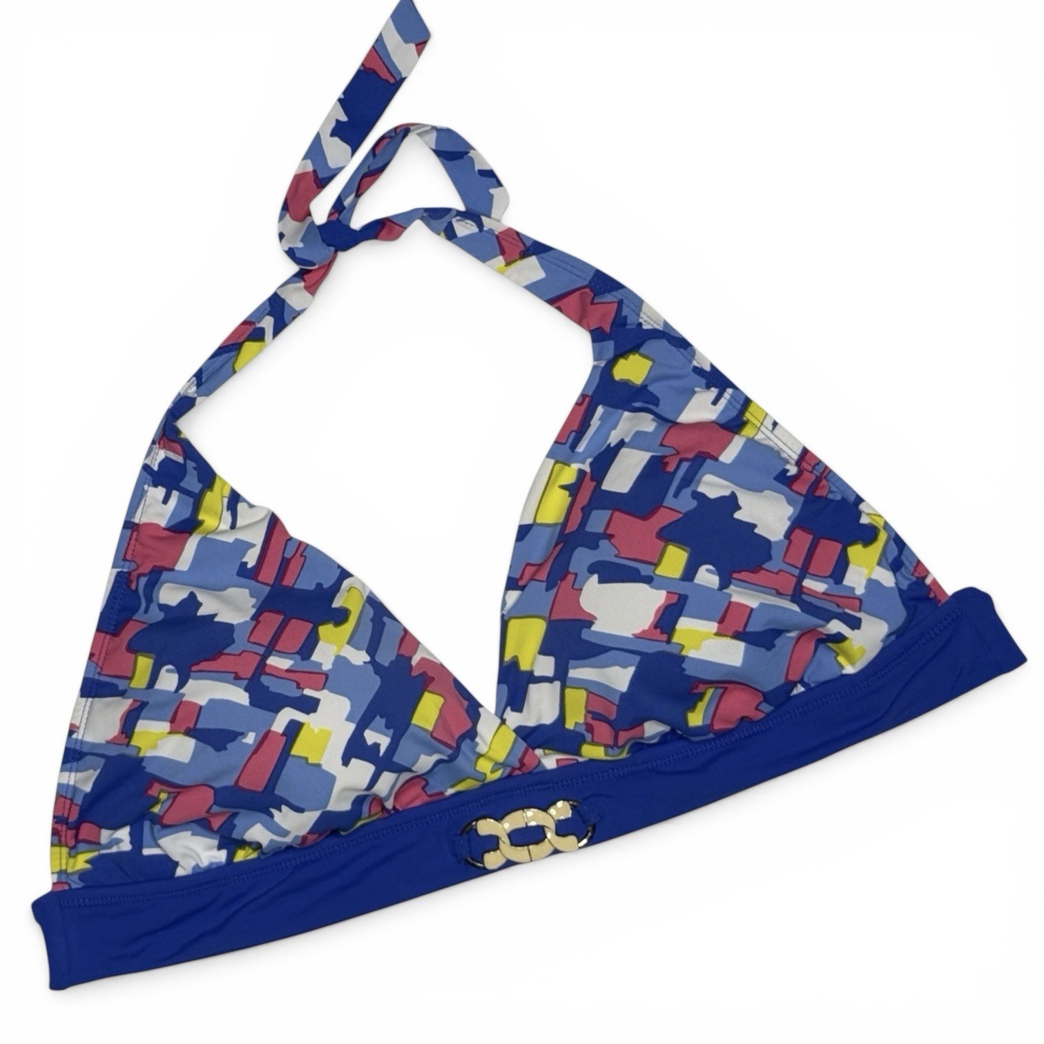 PERRY ELLIS Floral Geometric Halter Bikini Top Blue Pink Yellow Gold Ring 36D DD