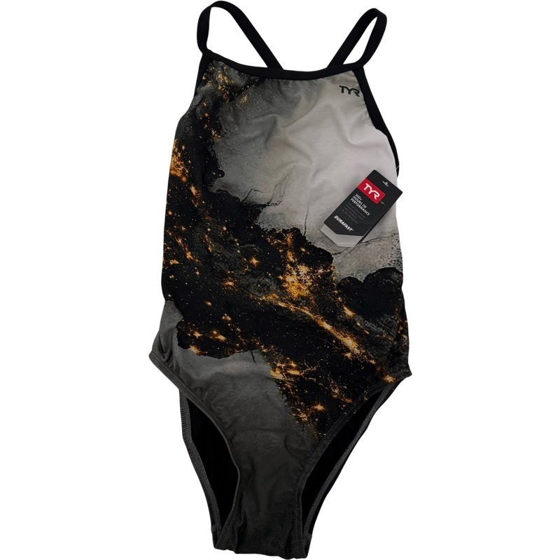TYR NEW M Size 32 Diamondfit One Piece Swimsuit Black Grey Galaxy Print Training
