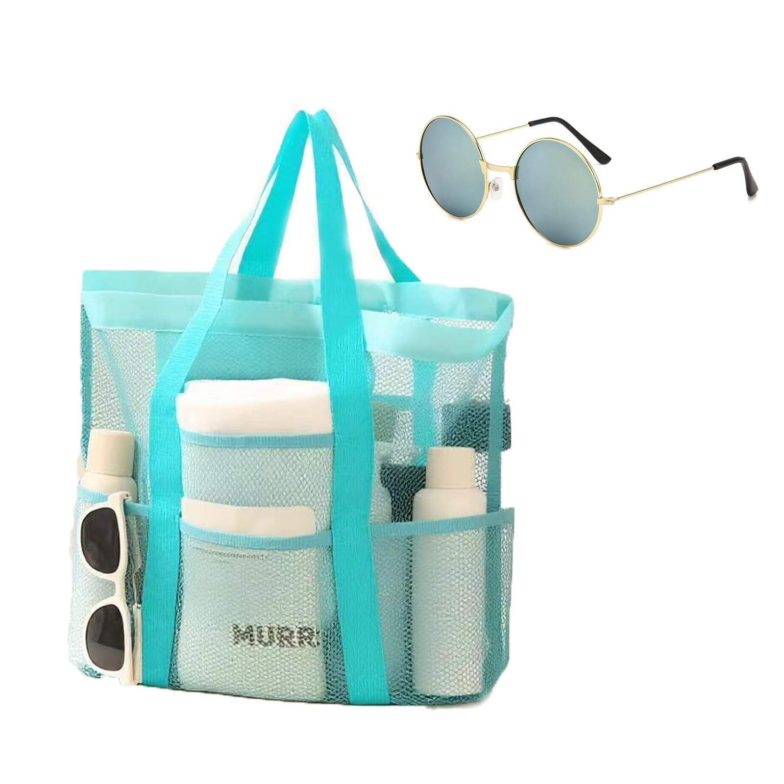 Mesh Beach Tote with Zipper Pockets,with a pair of Sunglasses X-Large Blue