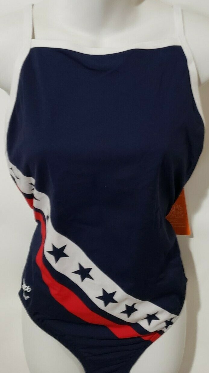 Speedo Women’s Endurance+ Thin Strap Crossback One Piece Swimsuit USA Flag 14/40