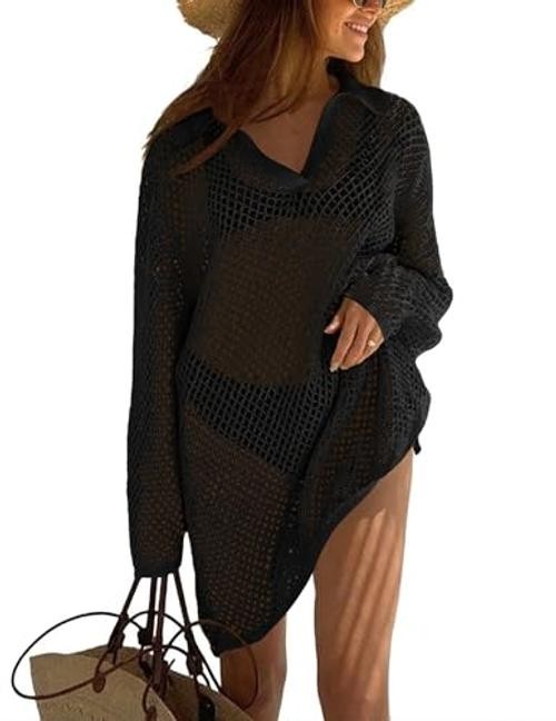 Womens Crochet Cover Ups Tops Sexy Swim Coverup 2026 Bathing XX-Large Black