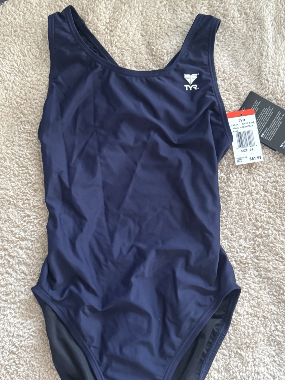 TYR Navy Competitive One Piece Maxback Swimsuit Size 34 Polyester/Spandex