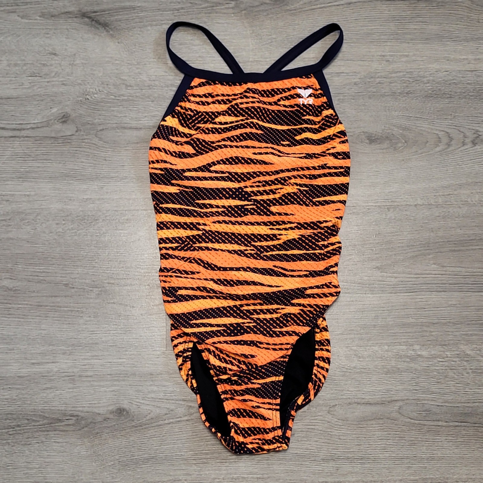 TYR Women Orange Navy Tiger Stripe Performance One Piece Swimsuit 30 US Small