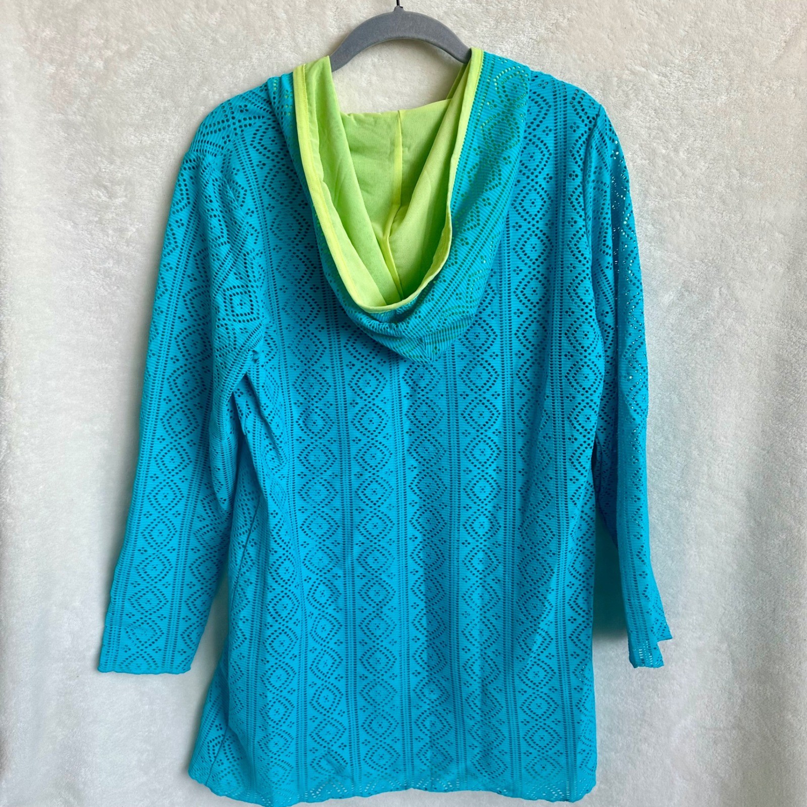 Title Nine Lazer Cut Hooded Swim Coverup Tunic Teal Turquoise Lime Womens M