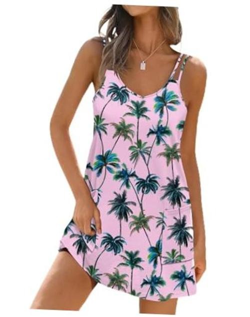 Womens Swimsuit Coverup Spaghetti Strap Bathing Suit Medium Pink Coconut Tree
