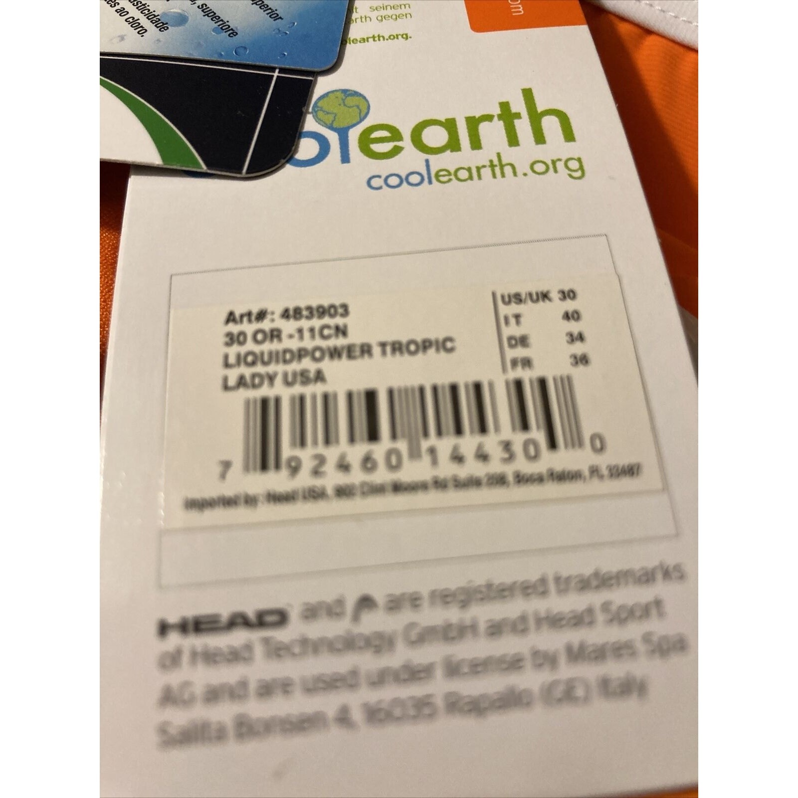 HEAD Womens Swimming Swimsuit LiquidPower Tropic Lady. Orange. Size 30. Open Box