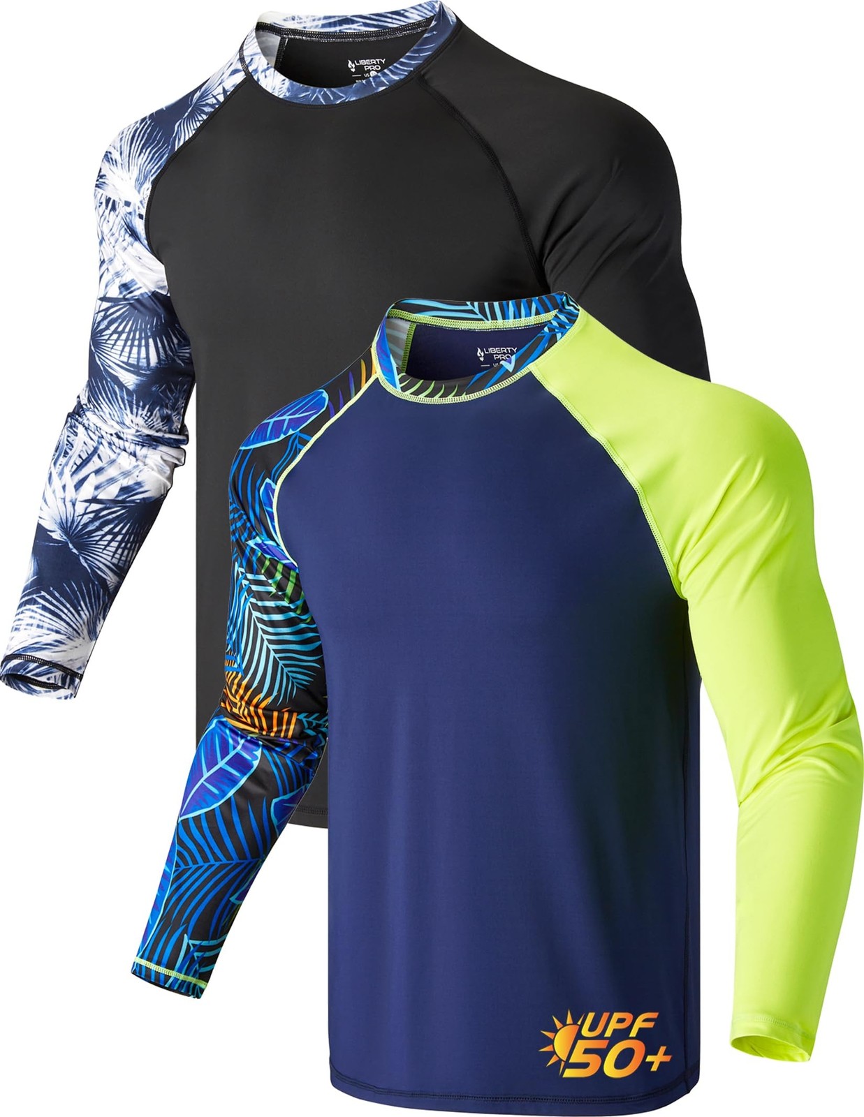 2 Pack Men’s Sun Protection Long Sleeve Swim Shirts UPF 50+ Loose Fit Rash Gu…