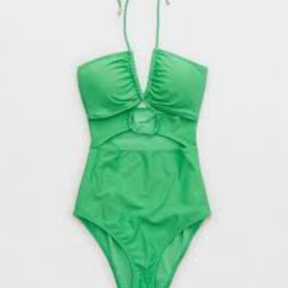 ✅ Aerie Cut Out One Piece Swimsuit GREEN SIZE X-LARGE