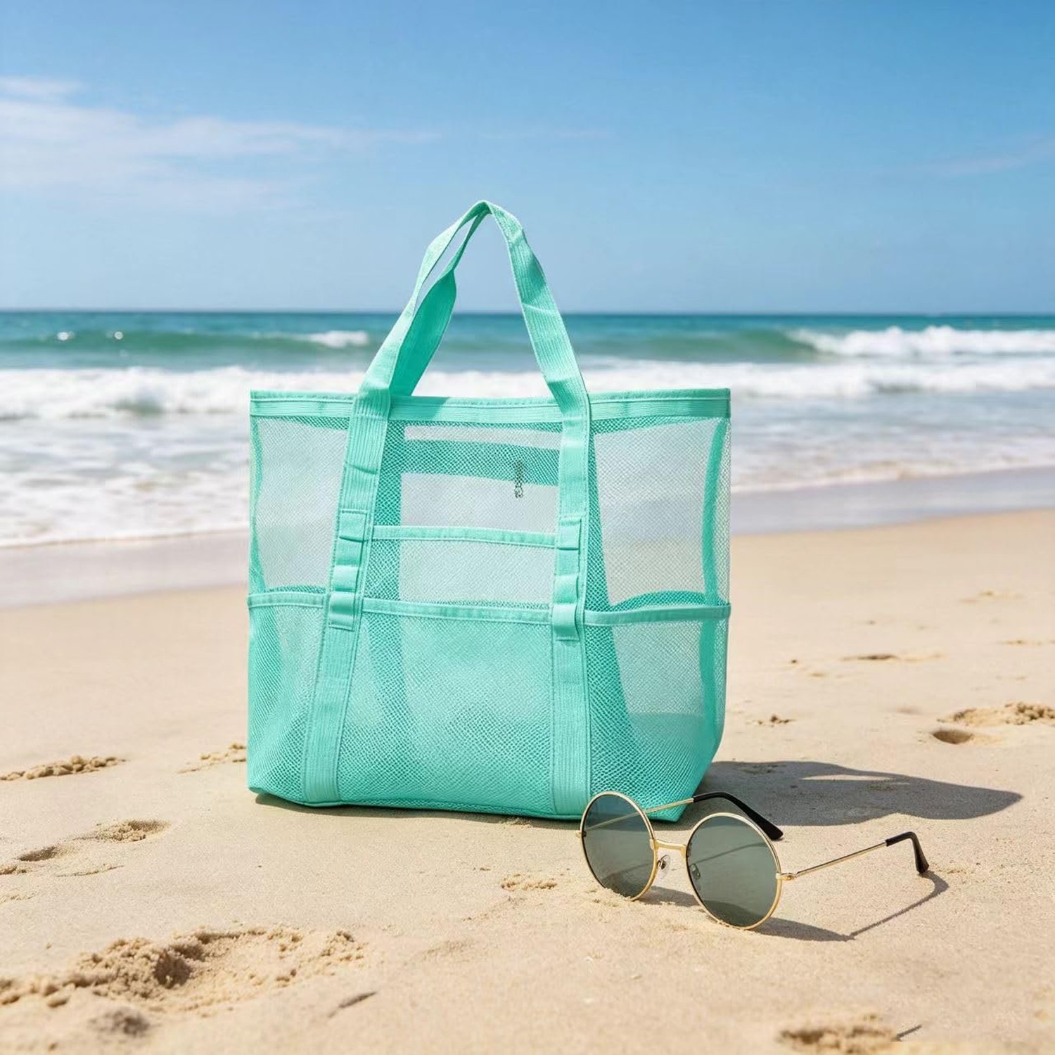 Mesh Beach Tote with Zipper Pockets,with a pair of Sunglasses X-Large Blue