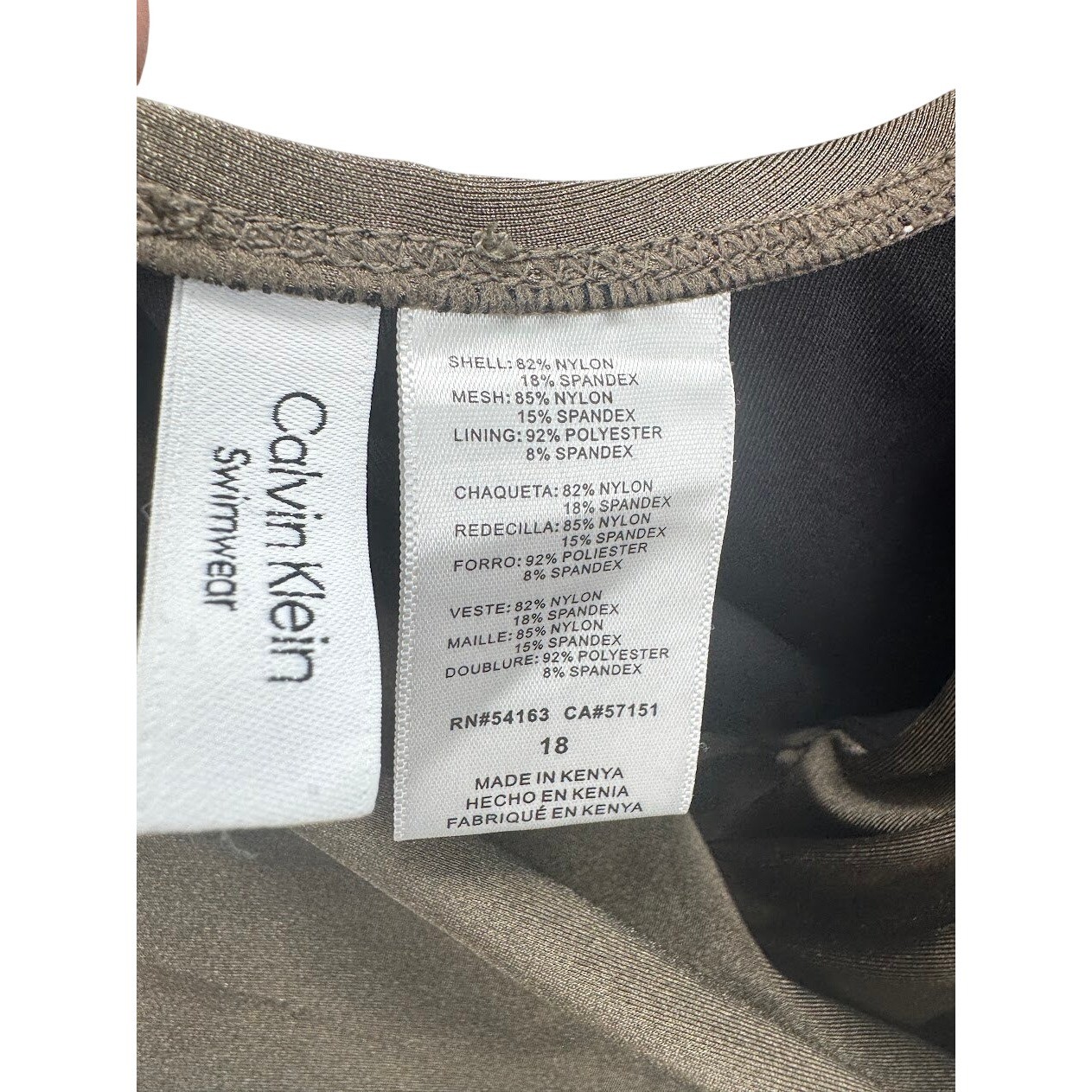 Calvin Klein One Piece Swimsuit Ruched V-Neck Bronze/Olive Size 18 Shimmer