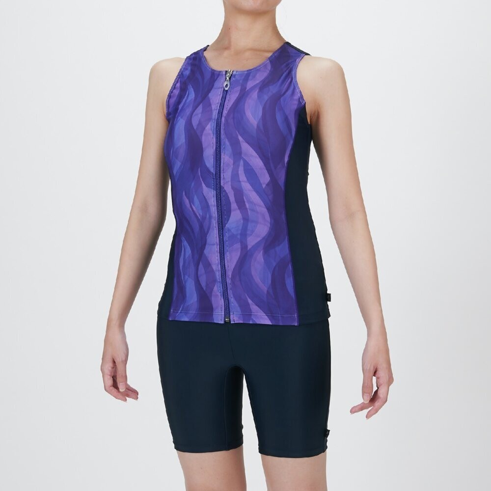 Mizuno Women’s Aqua Fitness Two-Piece Suit Front Zip Tank Top Navy/Violet Fizz