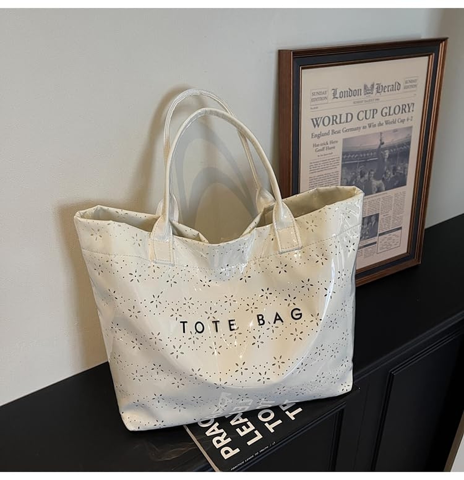 PVC Tote Bag for Women, Large Waterproof Beach Tote Bag with Handle Beige