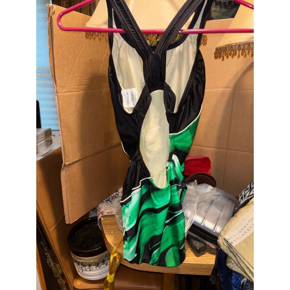 Speedo Womens Green Black Marble Swirl Racerback One Piece Swimsuit Size 8/34