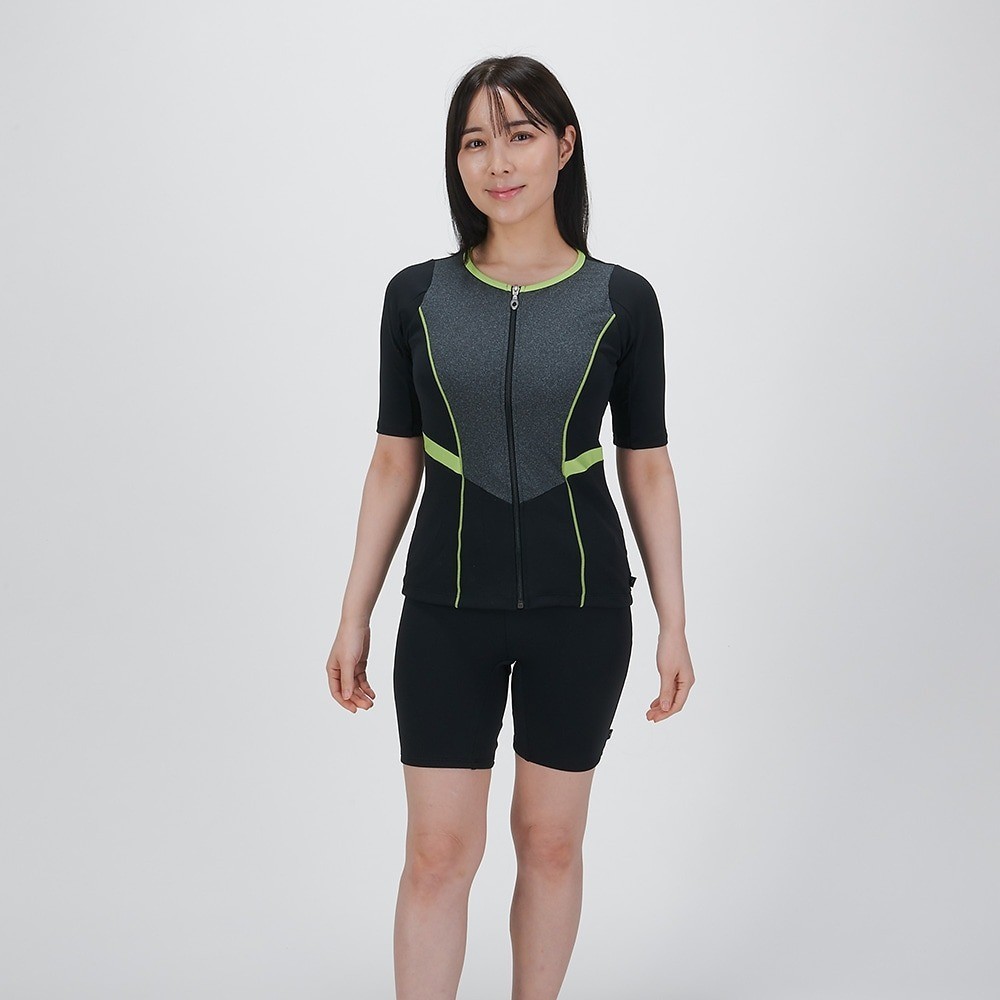Mizuno Women’s Aqua Fitness Two-Piece Swimsuit Front Zip Black/Lime 2025SS