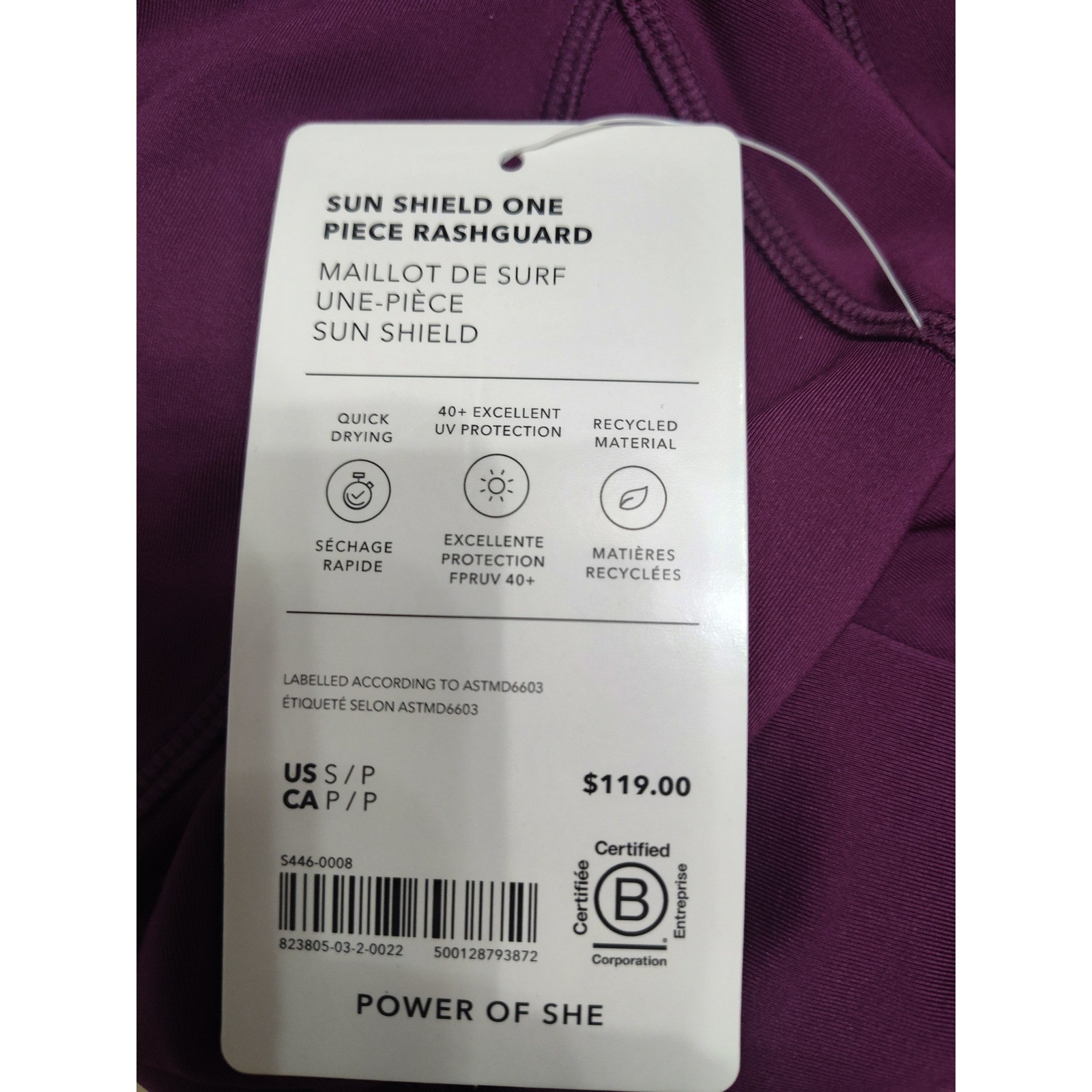 New Athleta One Piece Swimsuit Small Rashguard Purple Long Sleeve NWT Front Zip