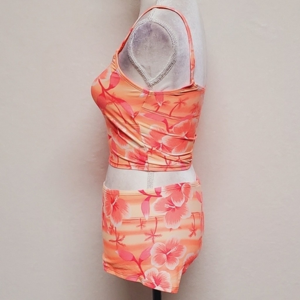 No Boundaries Vintage 90s Neon Orange Pink Tankini Boyshorts Two-Piece Bikini