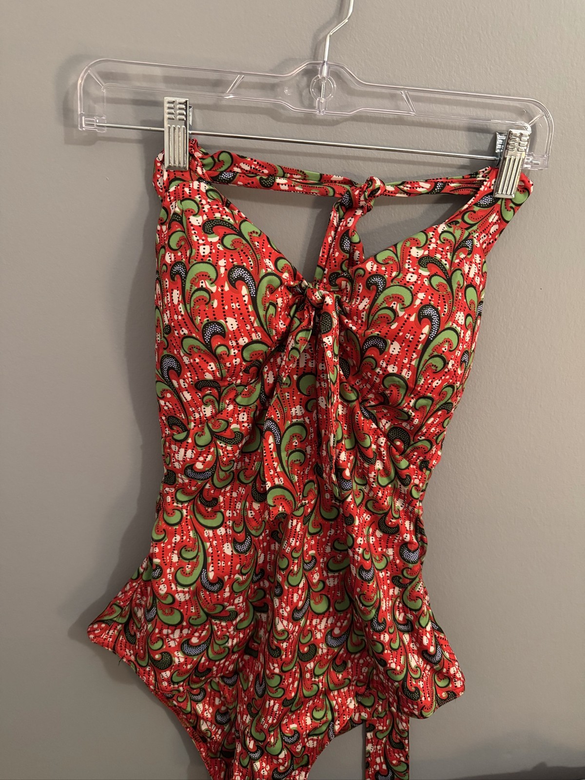 Paradise Bay Swimsuit Red Green Pattern Halter Tie