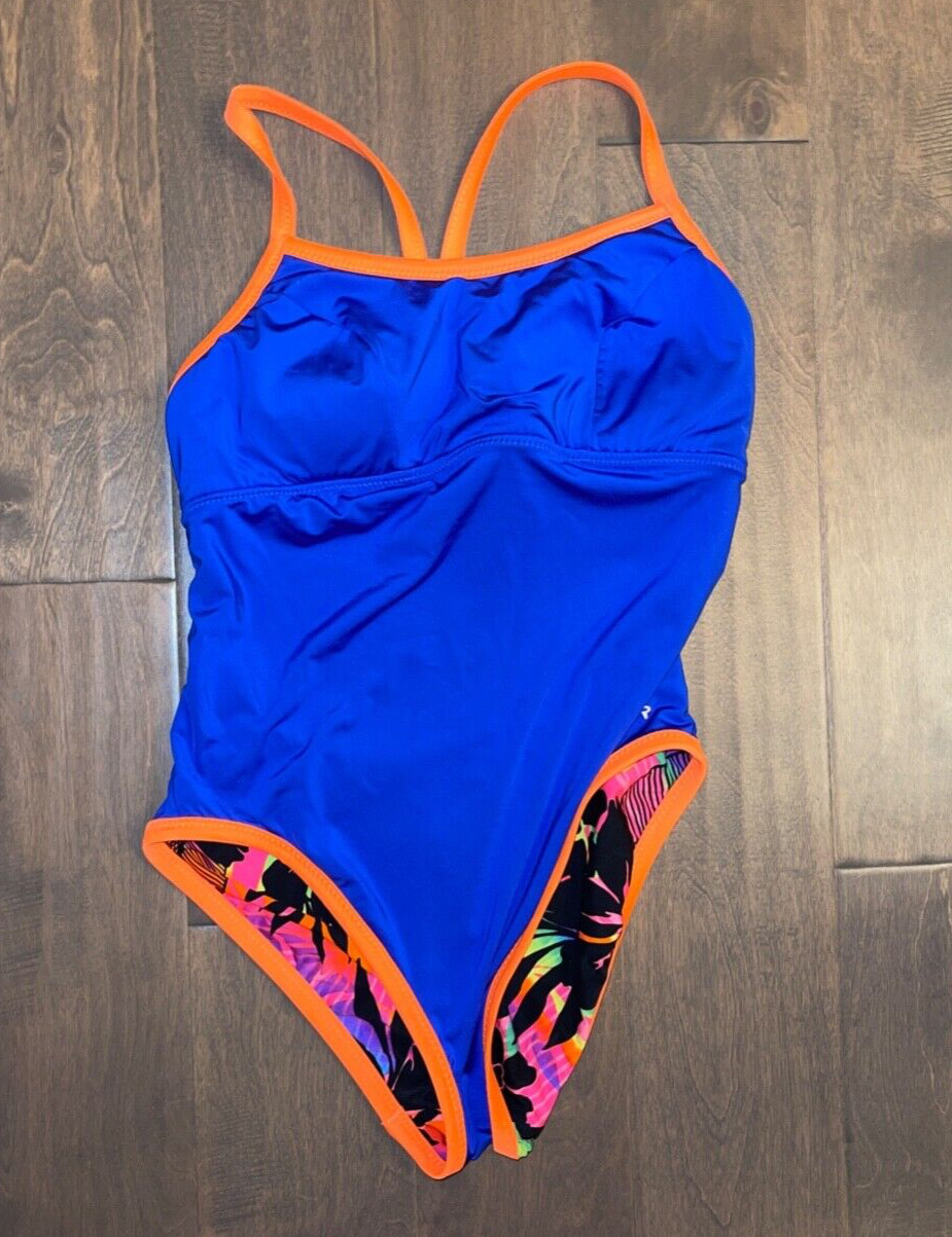 TYR Womens Neon Tropical Flower Blue Reversible One Piece Swimsuit XXS- XS used