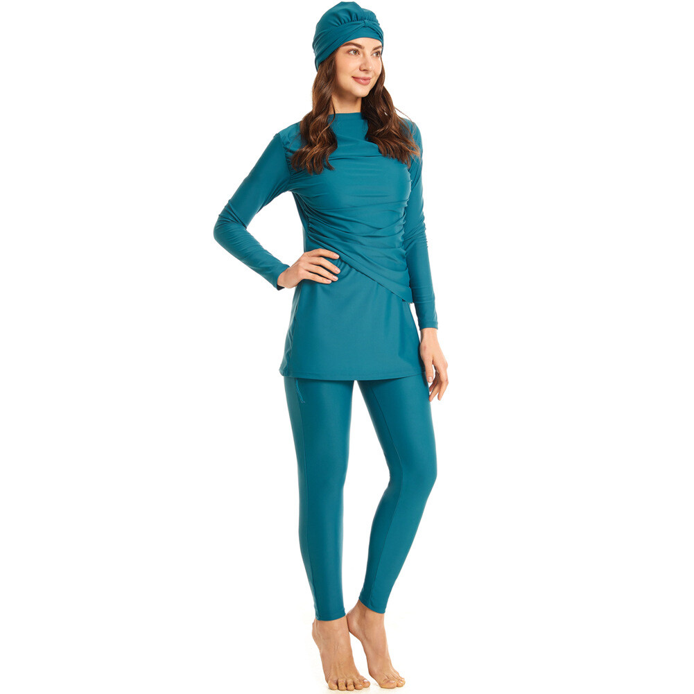 3pcs Plus Size Swimwear Muslim Women Hijab Swimsuit Hat Tops Pants Bathing Suit