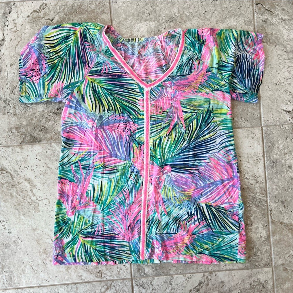 Lilly Pulitzer Women’s Bonita Coverup Tropical Palm Print “Scarlet Macaw”, L