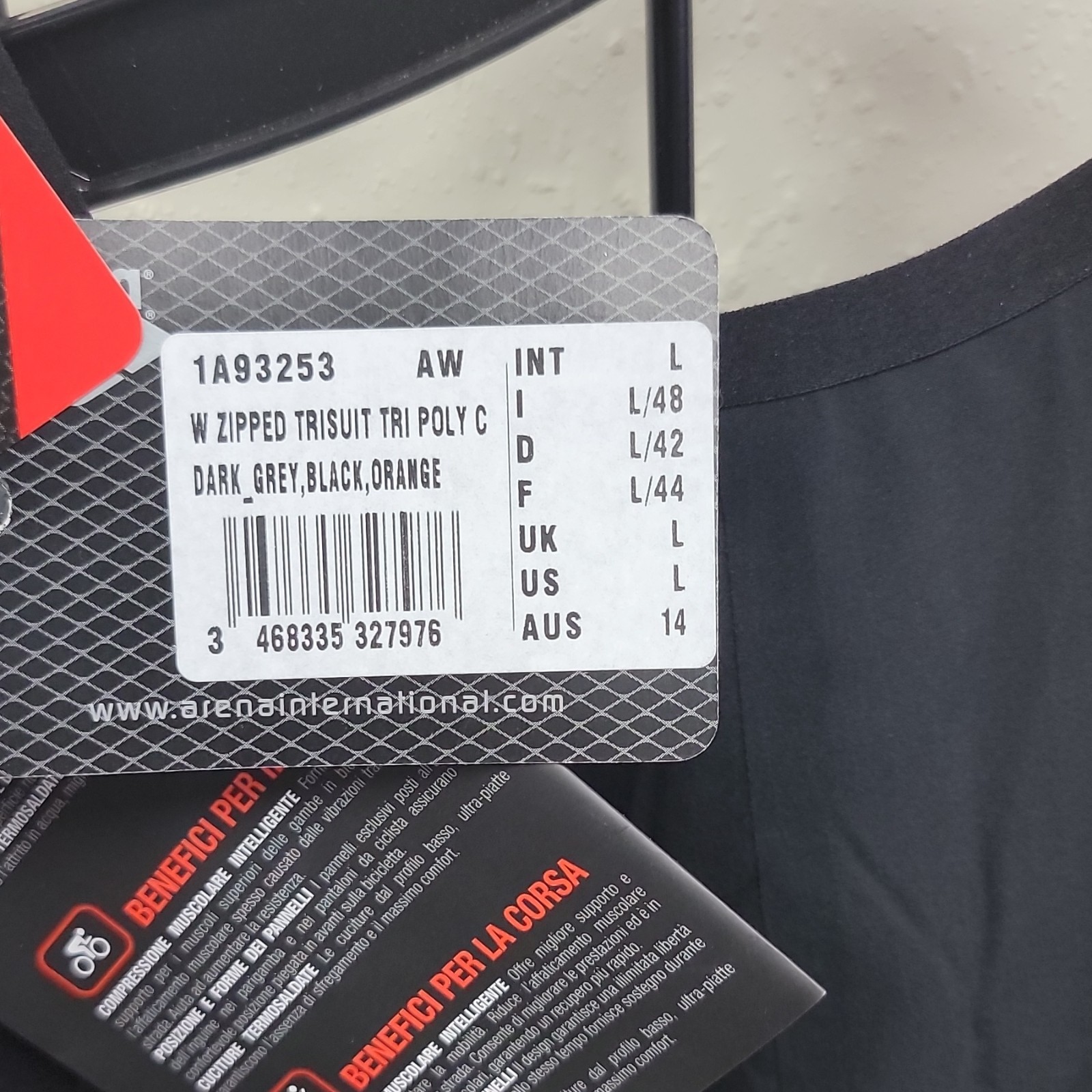 Arena Women’s Zipped Trisuit Competitive Swimwear Dark Grey Black Orange L
