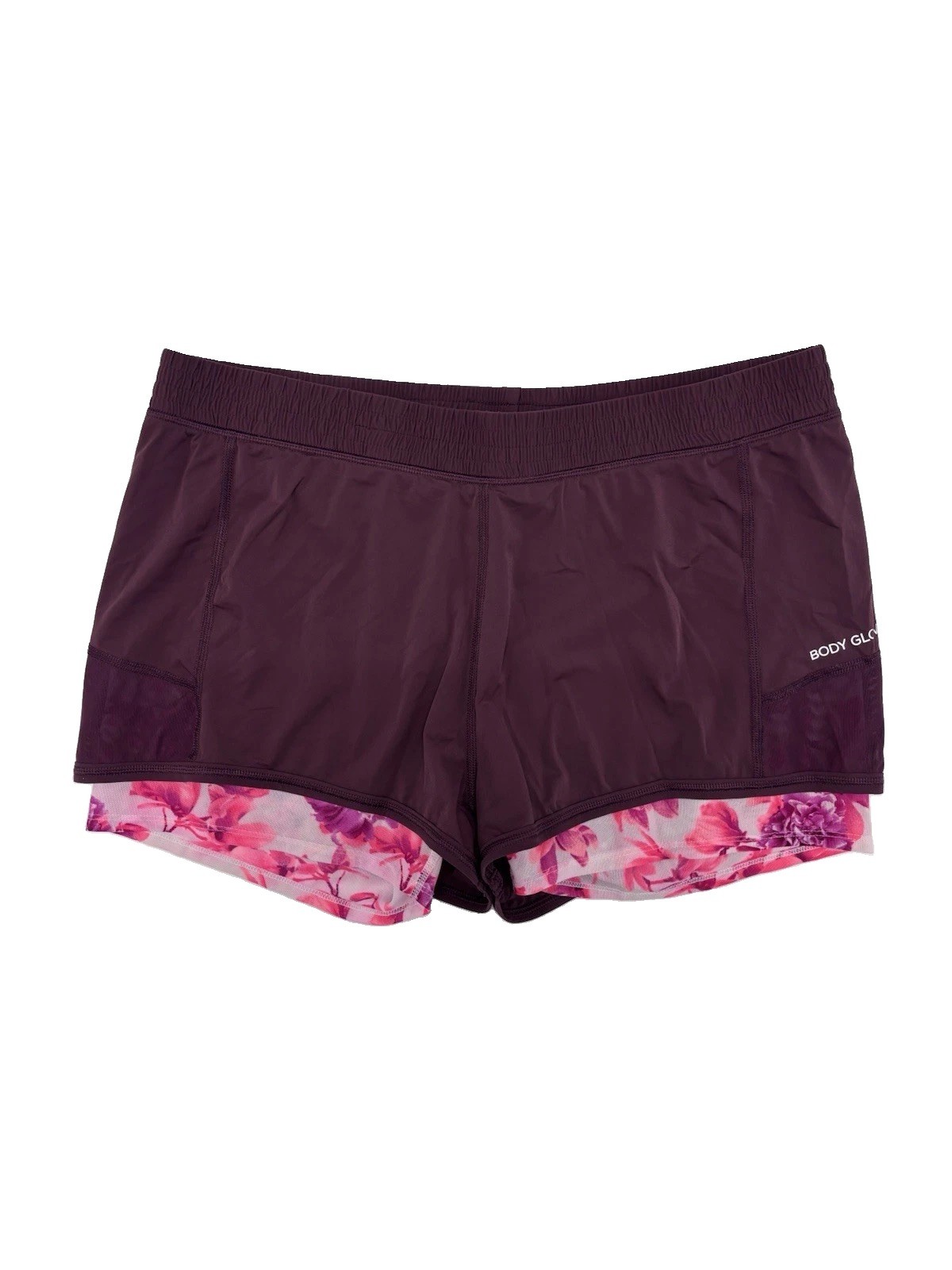 Women’s 2-in-1 Running Shorts Floral Liner Plum Burgundy Size Large Activewear