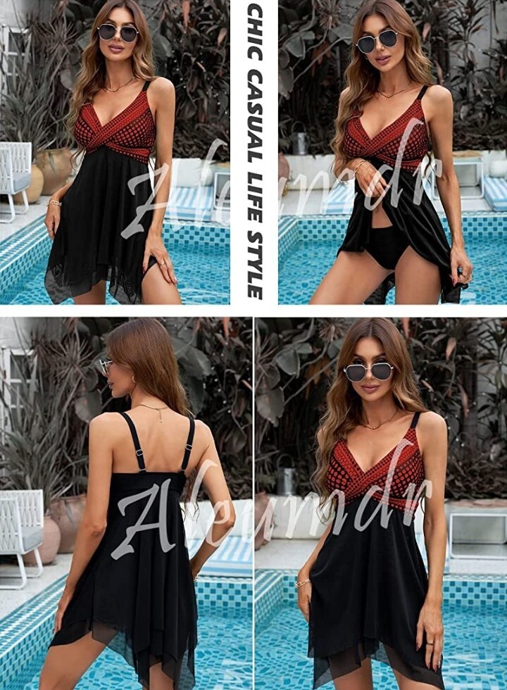 Aleumdr Women Retro Polka Dot Mesh Print Swimsuit Two Piece Tankini Swimdress S