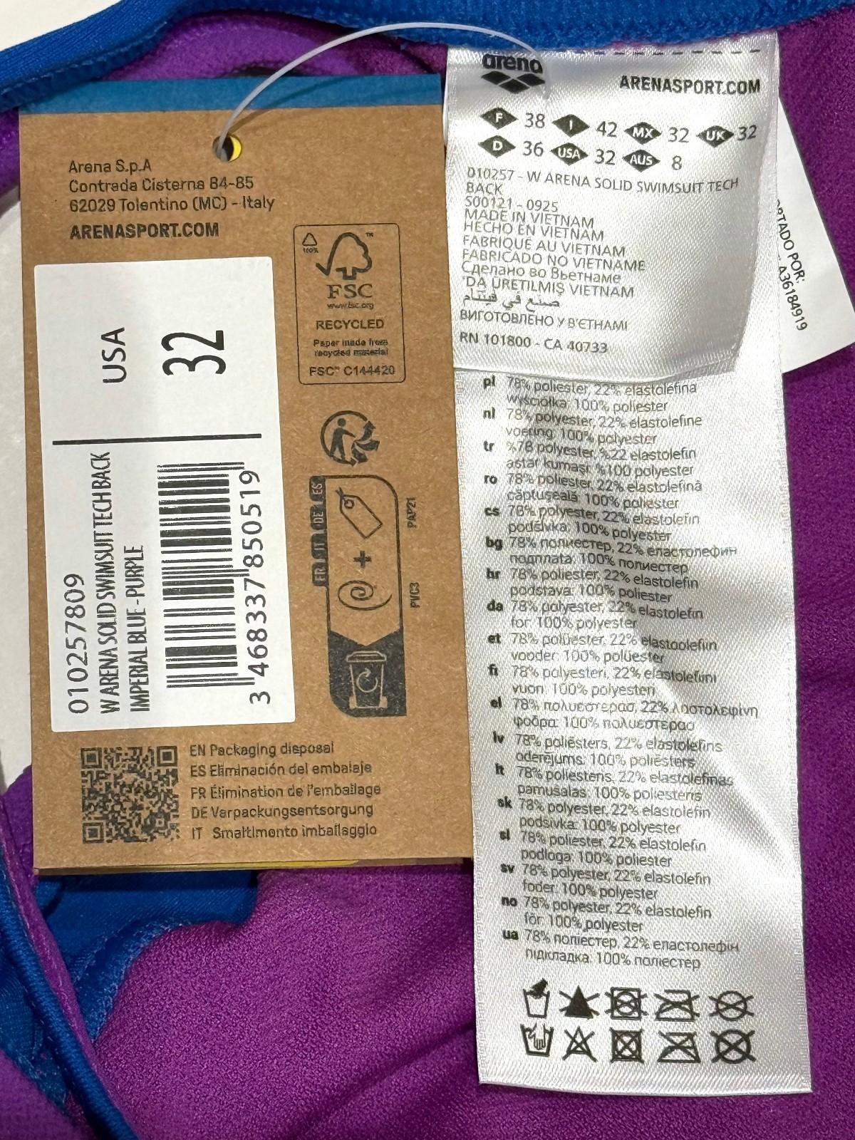US 32 Arena Women’s Performance Hyperflow Solid Tech Back Swimsuit Imperial Blue