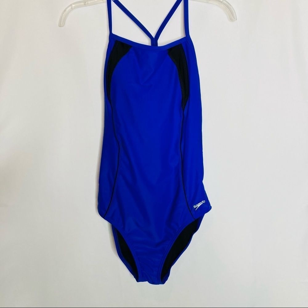 Speedo Blue Racerback Athletic Training One Piece Swimsuit Black Stripe M (8/10