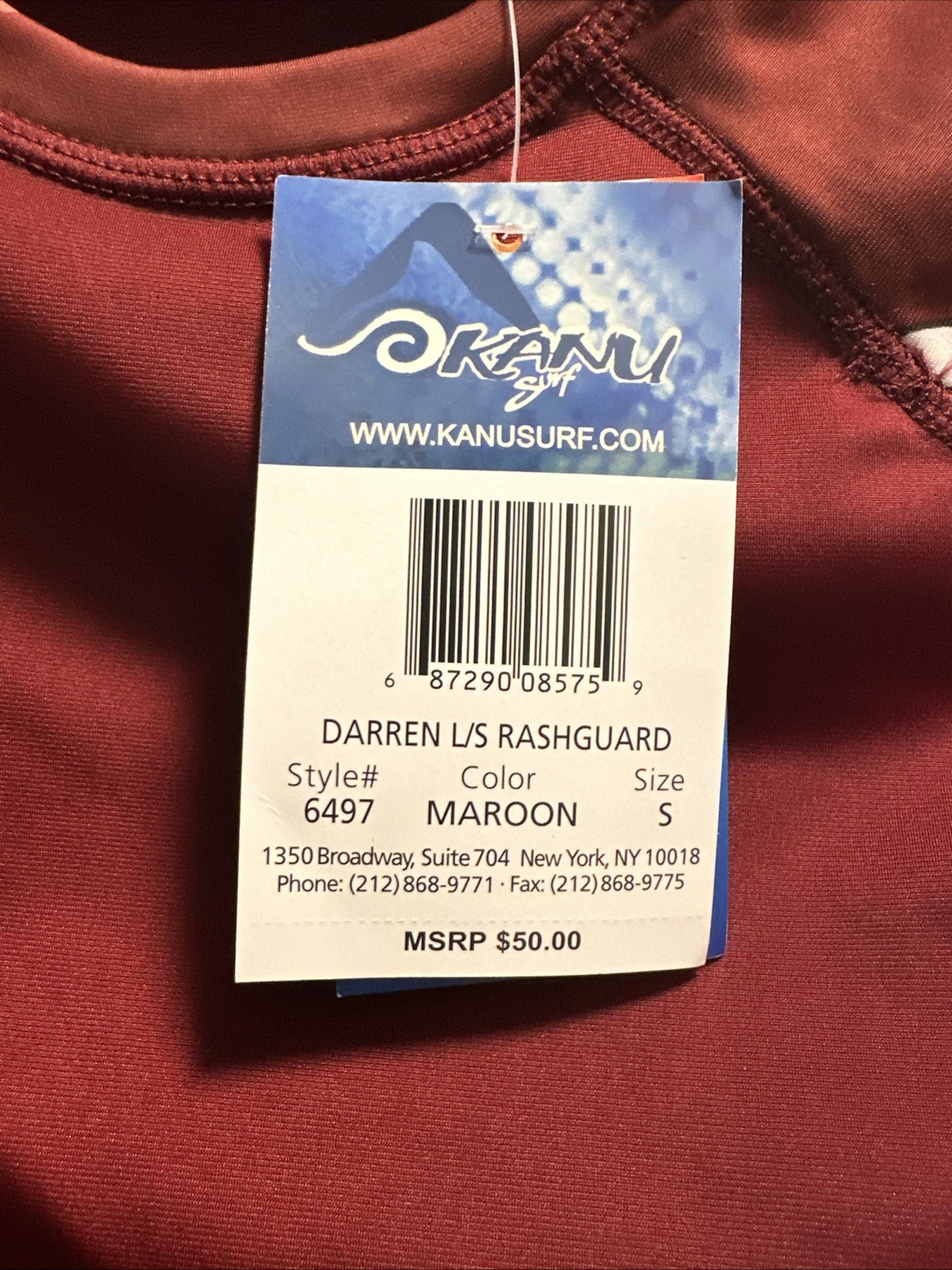 Kanu Surf Women’s Long-Sleeve UPF 50+ Rashguard Darren Maroon Small NWT